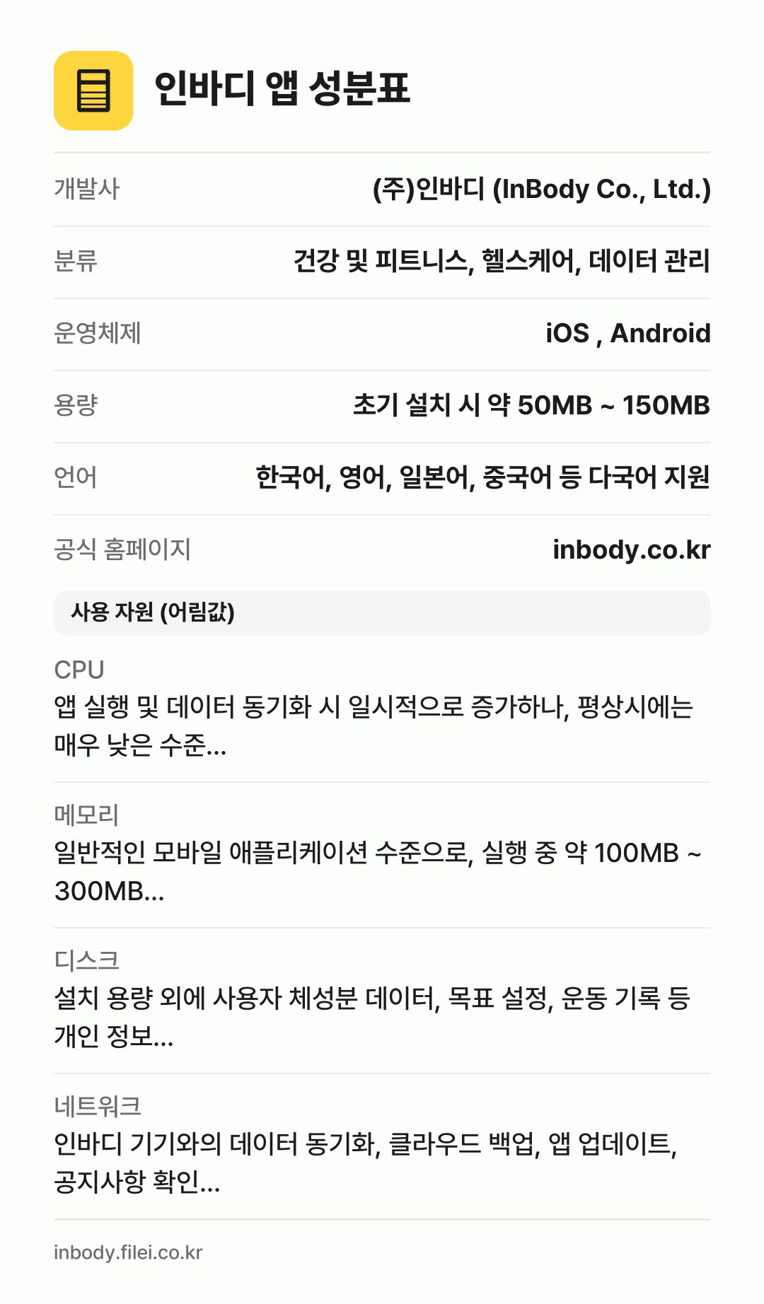 인바디 앱 성분표: 개발사 (주)인바디 (InBody Co., Ltd.), 분류 건강 및 피트니스, 헬스케어, 데이터 관리, 운영체제 iOS , Android, 용량 초기 설치 시 약 50MB ~ 150MB, 언어 한국어, 영어, 일본어, 중국어 등 다국어 지원