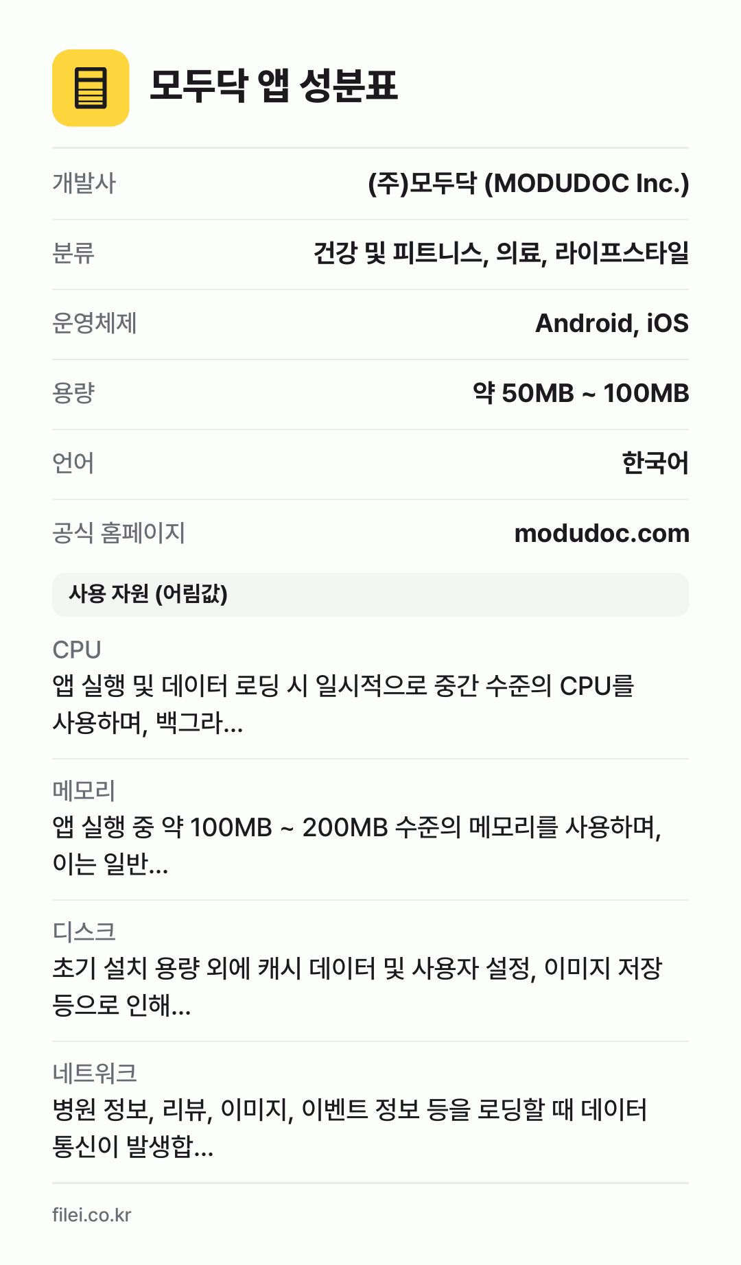 모두닥 앱 성분표: 개발사 (주)모두닥 (MODUDOC Inc.), 분류 건강 및 피트니스, 의료, 라이프스타일, 운영체제 Android, iOS, 용량 약 50MB ~ 100MB, 언어 한국어