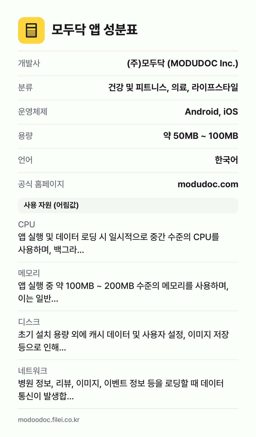 모두닥 앱 성분표: 개발사 (주)모두닥 (MODUDOC Inc.), 분류 건강 및 피트니스, 의료, 라이프스타일, 운영체제 Android, iOS, 용량 약 50MB ~ 100MB, 언어 한국어