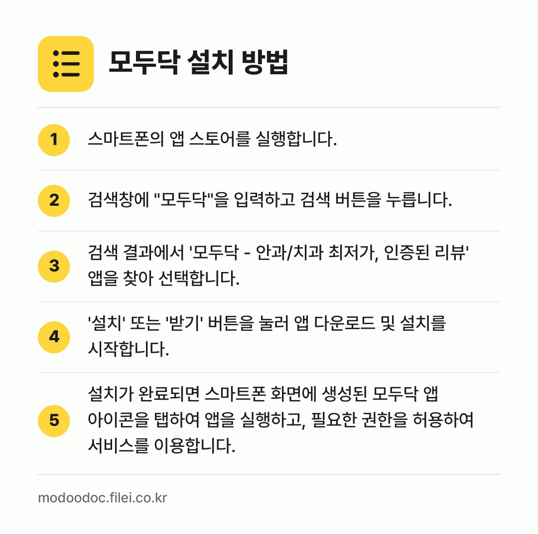모두닥 설치 방법: 스마트폰의 앱 스토어를 실행합니다. → 검색창에 "모두닥"을 입력하고 검색 버튼을… → 검색 결과에서 '모두닥 - 안과/치과 최저… → '설치' 또는 '받기' 버튼을 눌러 앱 다… → 설치가 완료되면 스마트폰 화면에 생성된 모…