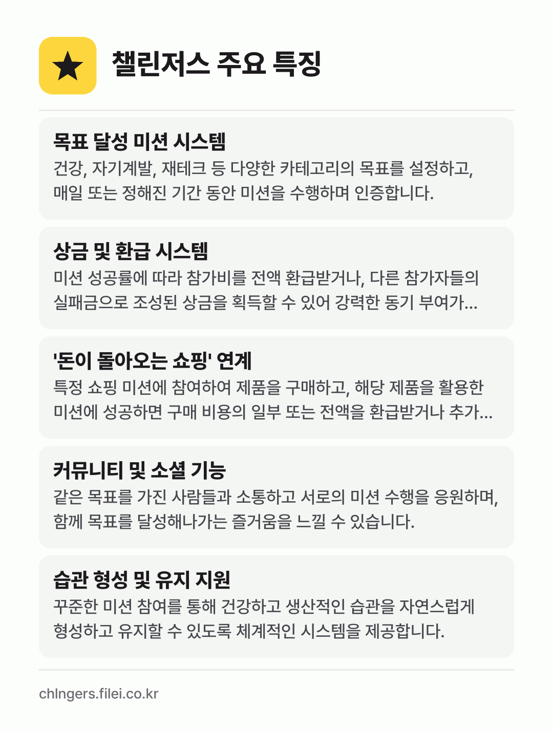 챌린저스 주요 특징: 목표 달성 미션 시스템, 상금 및 환급 시스템, '돈이 돌아오는 쇼핑' 연계, 커뮤니티 및 소셜 기능, 습관 형성 및 유지 지원