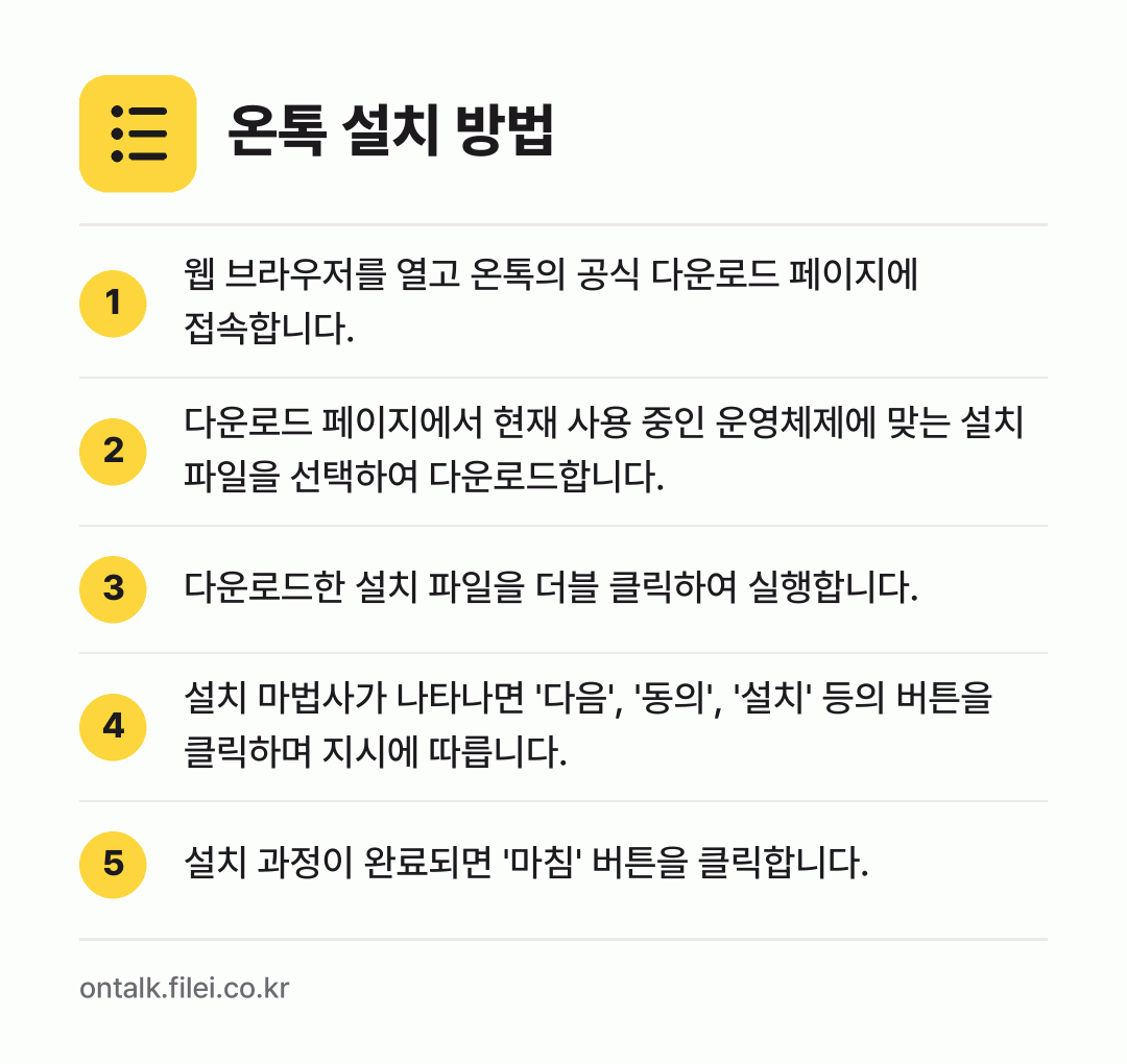 온톡 설치 방법: 웹 브라우저를 열고 온톡의 공식 다운로드… → 다운로드 페이지에서 현재 사용 중인 운영체… → 다운로드한 설치 파일을 더블 클릭하여 실행… → 설치 마법사가 나타나면 '다음', '동의'… → 설치 과정이 완료되면 '마침' 버튼을 클릭…
