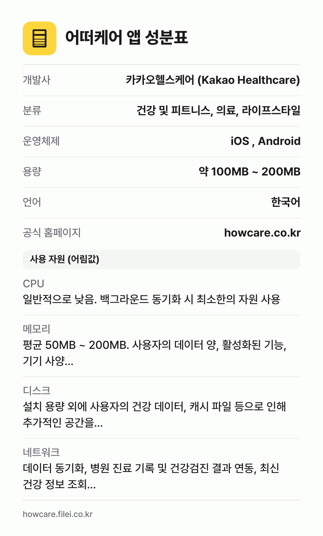 어떠케어 앱 성분표: 개발사 카카오헬스케어 (Kakao Healthcare), 분류 건강 및 피트니스, 의료, 라이프스타일, 운영체제 iOS , Android, 용량 약 100MB ~ 200MB, 언어 한국어