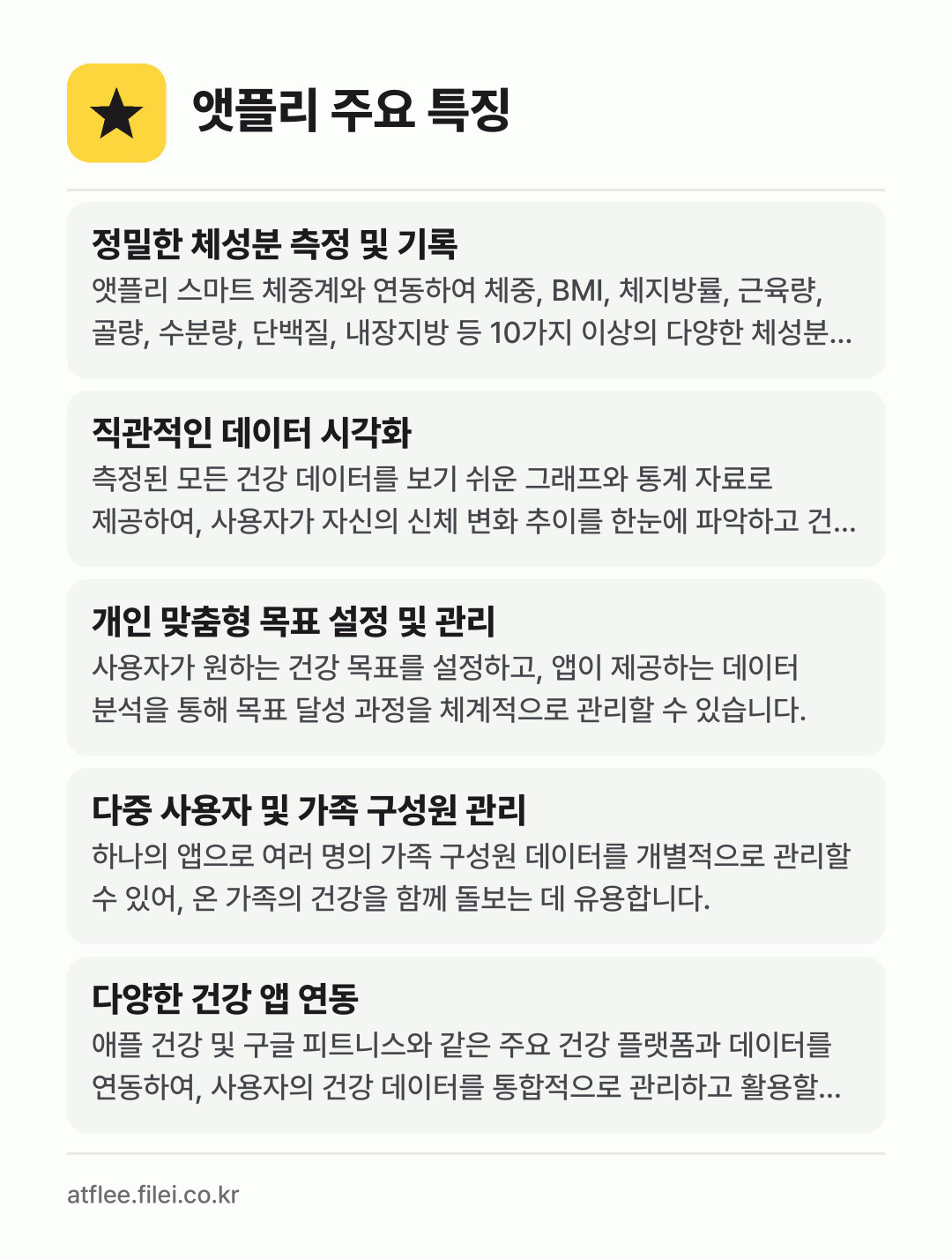 앳플리 주요 특징: 정밀한 체성분 측정 및 기록, 직관적인 데이터 시각화, 개인 맞춤형 목표 설정 및 관리, 다중 사용자 및 가족 구성원 관리, 다양한 건강 앱 연동