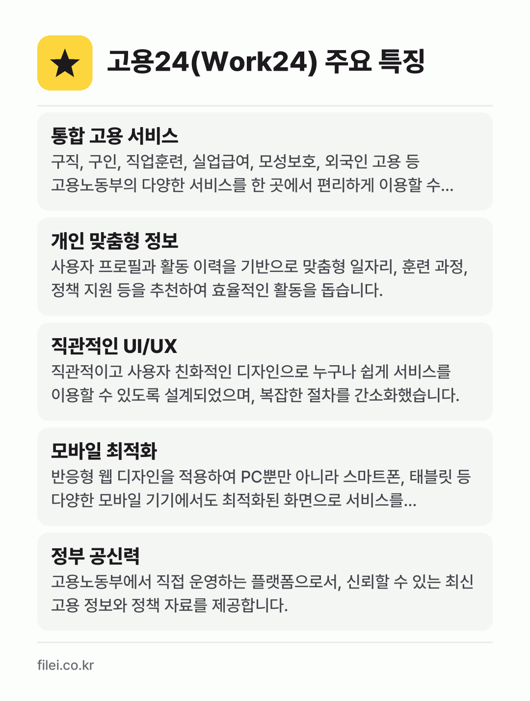 고용24(Work24) 주요 특징: 통합 고용 서비스, 개인 맞춤형 정보, 직관적인 UI/UX, 모바일 최적화, 정부 공신력