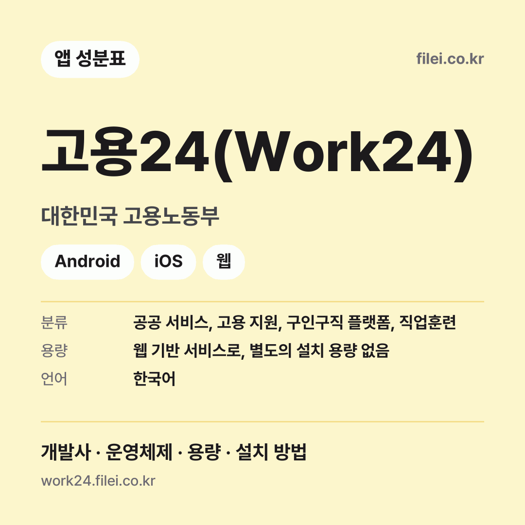 고용24(Work24) 다운로드 · 대한민국 고용노동부 · Android, iOS, 웹