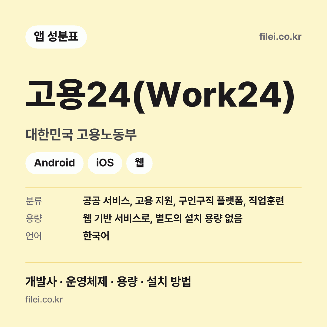 고용24(Work24) 다운로드 · 대한민국 고용노동부 · Android, iOS, 웹