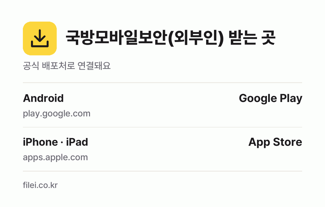 국방모바일보안(외부인) 받는 곳: Android, iPhone · iPad