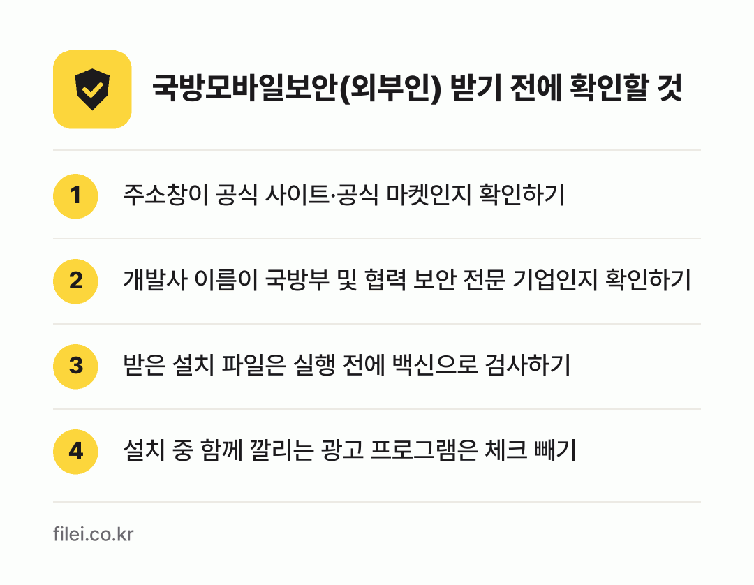 국방모바일보안(외부인) 받기 전에 확인할 것: 주소창이 공식 사이트·공식 마켓인지 확인하기, 개발사 이름이 국방부 및 협력 보안 전문 기업인지 확인하기, 받은 설치 파일은 실행 전에 백신으로 검사하기, 설치 중 함께 깔리는 광고 프로그램은 체크 빼기