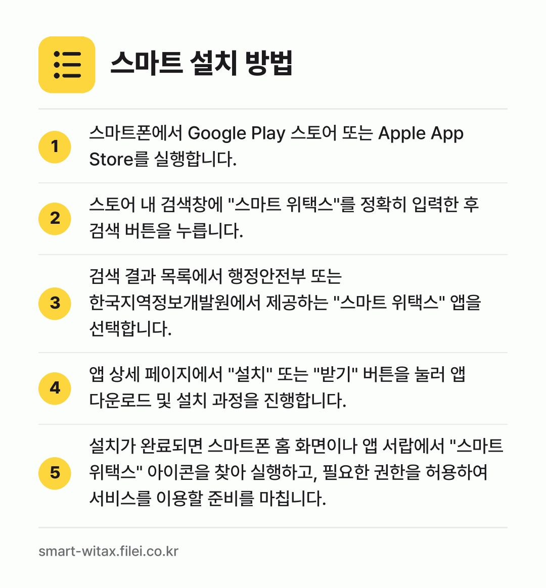 스마트 설치 방법: 스마트폰에서 Google Play 스토어… → 스토어 내 검색창에 "스마트 위택스"를 정… → 검색 결과 목록에서 행정안전부 또는 한국지… → 앱 상세 페이지에서 "설치" 또는 "받기"… → 설치가 완료되면 스마트폰 홈 화면이나 앱…