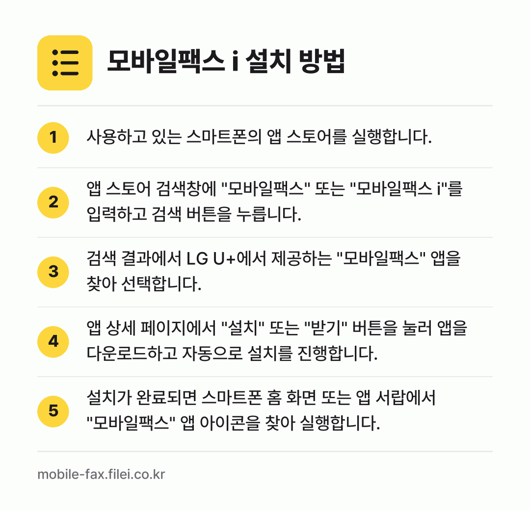 모바일팩스 i 설치 방법: 사용하고 있는 스마트폰의 앱 스토어를 실행… → 앱 스토어 검색창에 "모바일팩스" 또는 "… → 검색 결과에서 LG U+에서 제공하는 "모… → 앱 상세 페이지에서 "설치" 또는 "받기"… → 설치가 완료되면 스마트폰 홈 화면 또는 앱…