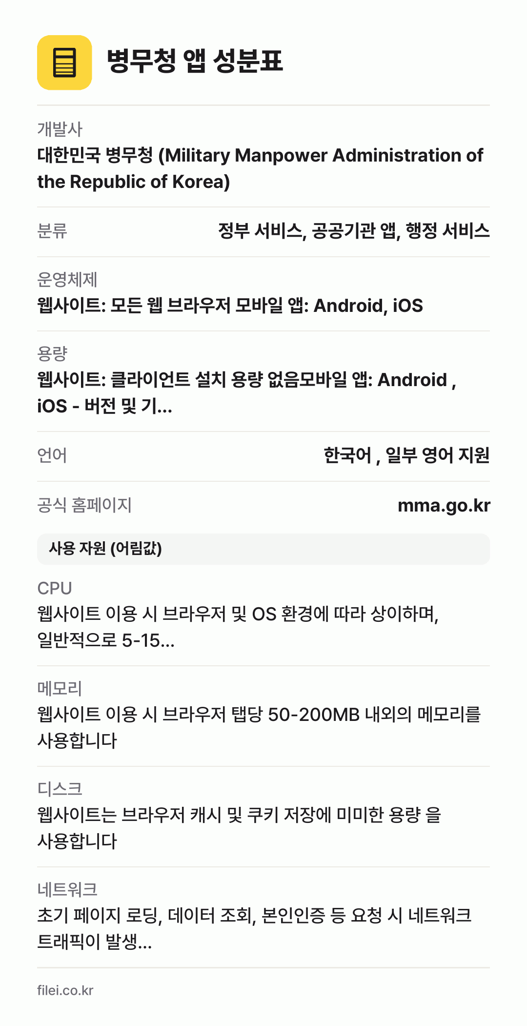 병무청 앱 성분표: 개발사 대한민국 병무청 (Military Manpower Administration of the Republic of Korea), 분류 정부 서비스, 공공기관 앱, 행정 서비스, 운영체제 웹사이트: 모든 웹 브라우저 모바일 앱: Android, iOS, 용량 웹사이트: 클라이언트 설치 용량 없음모바일 앱: Android , iOS -