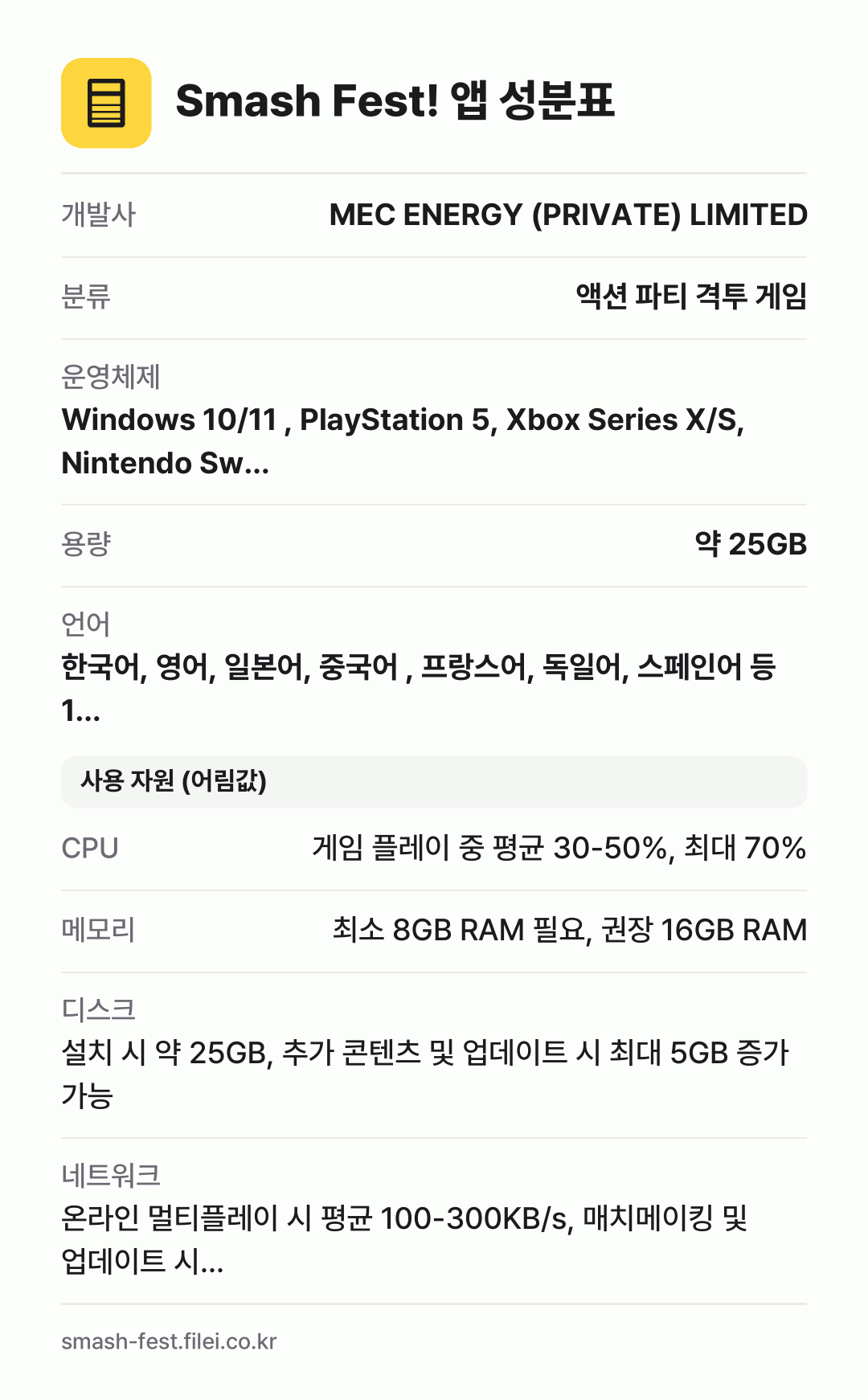 Smash Fest! 앱 성분표: 개발사 MEC ENERGY (PRIVATE) LIMITED, 분류 액션 파티 격투 게임, 운영체제 Windows 10/11 , PlayStation 5, Xbox Series X/S, Nintendo Sw…, 용량 약 25GB, 언어 한국어, 영어, 일본어, 중국어 , 프랑스어, 독일어, 스페인어 등 1…