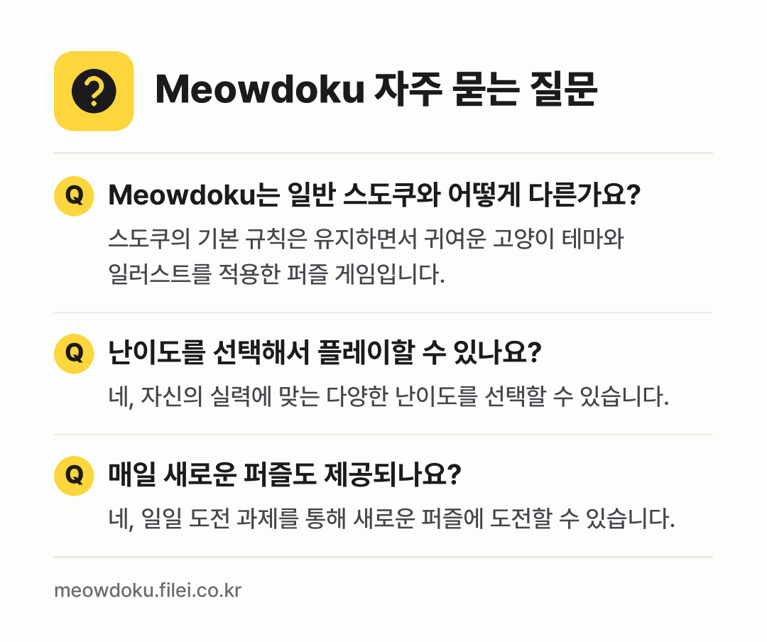 Meowdoku 자주 묻는 질문: Meowdoku는 일반 스도쿠와 어떻게 다른가요? / 난이도를 선택해서 플레이할 수 있나요? / 매일 새로운 퍼즐도 제공되나요?