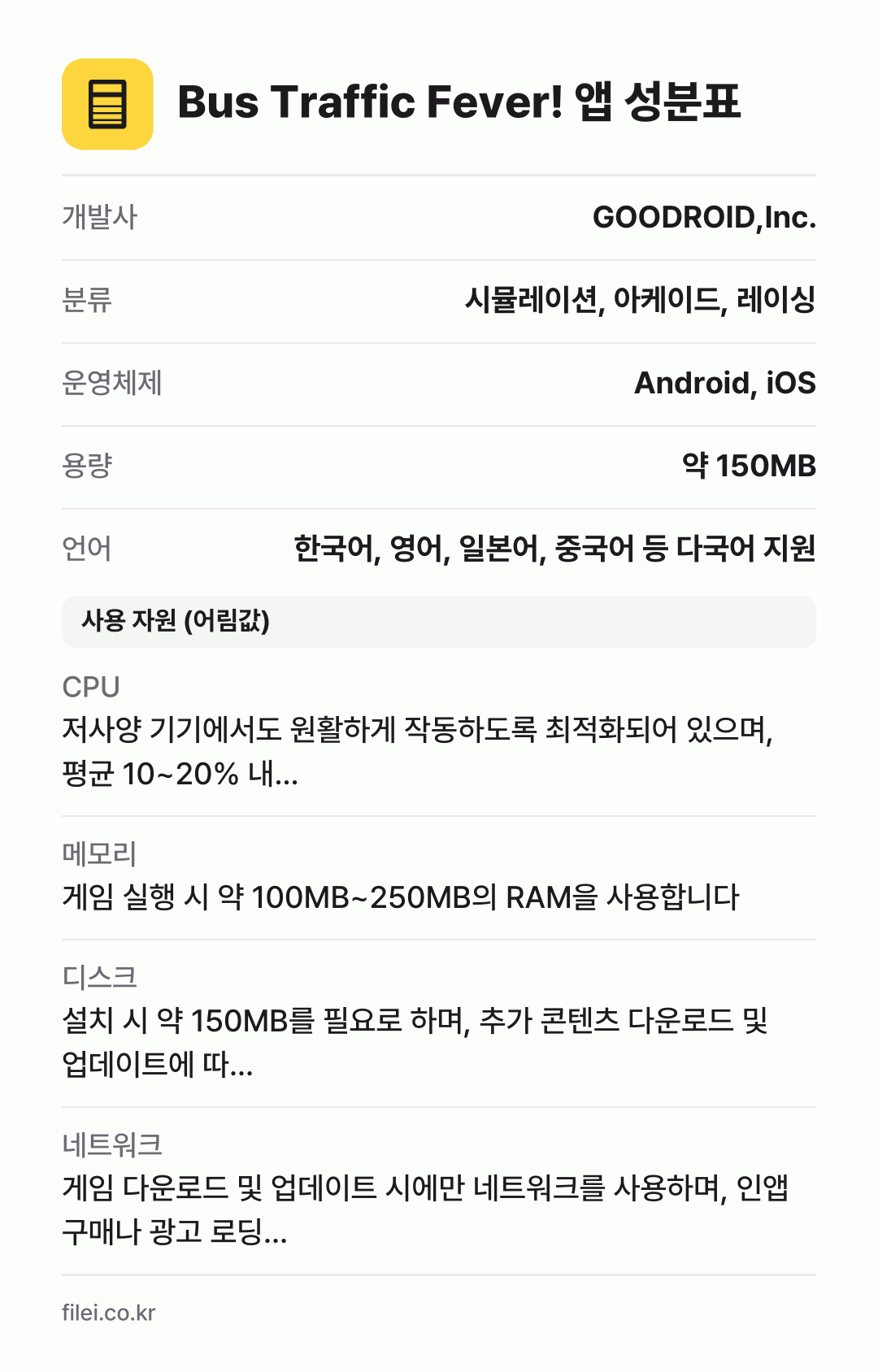 Bus Traffic Fever! 앱 성분표: 개발사 GOODROID,Inc., 분류 시뮬레이션, 아케이드, 레이싱, 운영체제 Android, iOS, 용량 약 150MB, 언어 한국어, 영어, 일본어, 중국어 등 다국어 지원