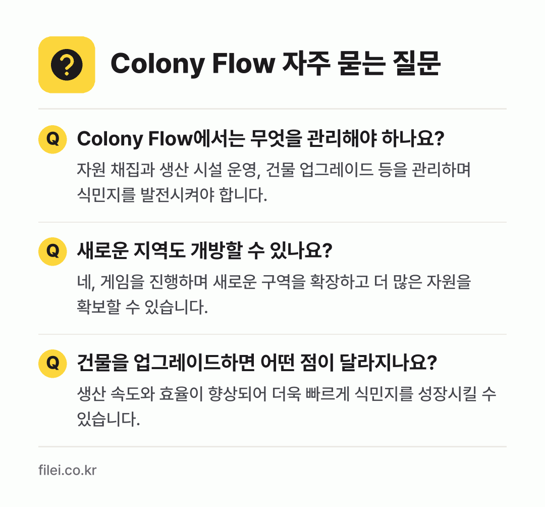 Colony Flow 자주 묻는 질문: Colony Flow에서는 무엇을 관리해야 하나요? / 새로운 지역도 개방할 수 있나요? / 건물을 업그레이드하면 어떤 점이 달라지나요?