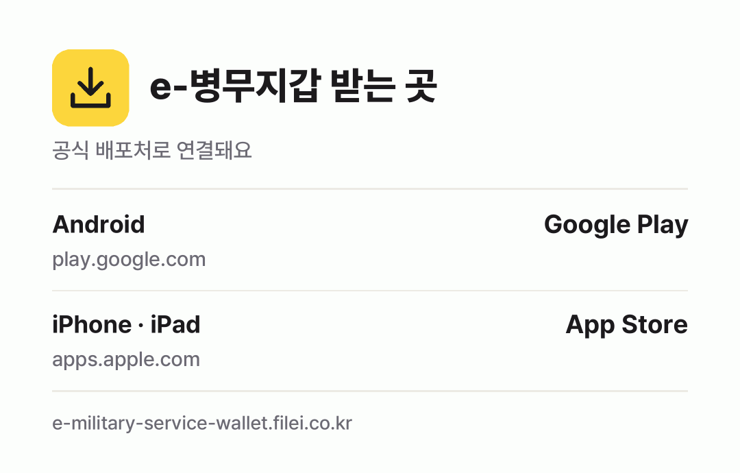 e-병무지갑 받는 곳: Android, iPhone · iPad