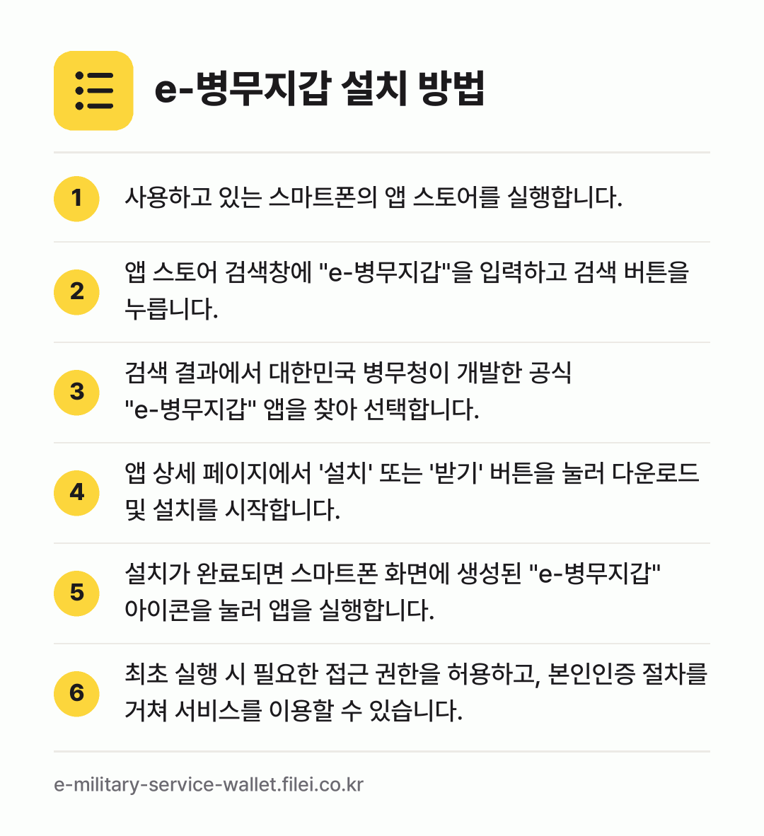 e-병무지갑 설치 방법: 사용하고 있는 스마트폰의 앱 스토어를 실행… → 앱 스토어 검색창에 "e-병무지갑"을 입력… → 검색 결과에서 대한민국 병무청이 개발한 공… → 앱 상세 페이지에서 '설치' 또는 '받기'… → 설치가 완료되면 스마트폰 화면에 생성된 "… → 최초 실행 시 필요한 접근 권한을 허용하고…