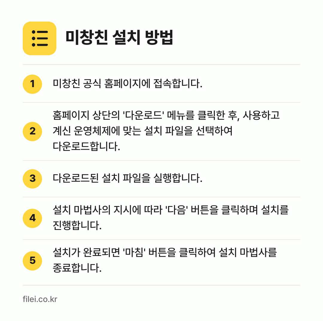 미창친 설치 방법: 미창친 공식 홈페이지에 접속합니다. → 홈페이지 상단의 '다운로드' 메뉴를 클릭한… → 다운로드된 설치 파일을 실행합니다. → 설치 마법사의 지시에 따라 '다음' 버튼을… → 설치가 완료되면 '마침' 버튼을 클릭하여…