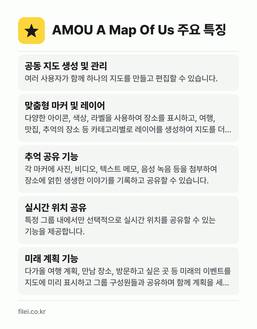 AMOU A Map Of Us 주요 특징: 공동 지도 생성 및 관리, 맞춤형 마커 및 레이어, 추억 공유 기능, 실시간 위치 공유, 미래 계획 기능