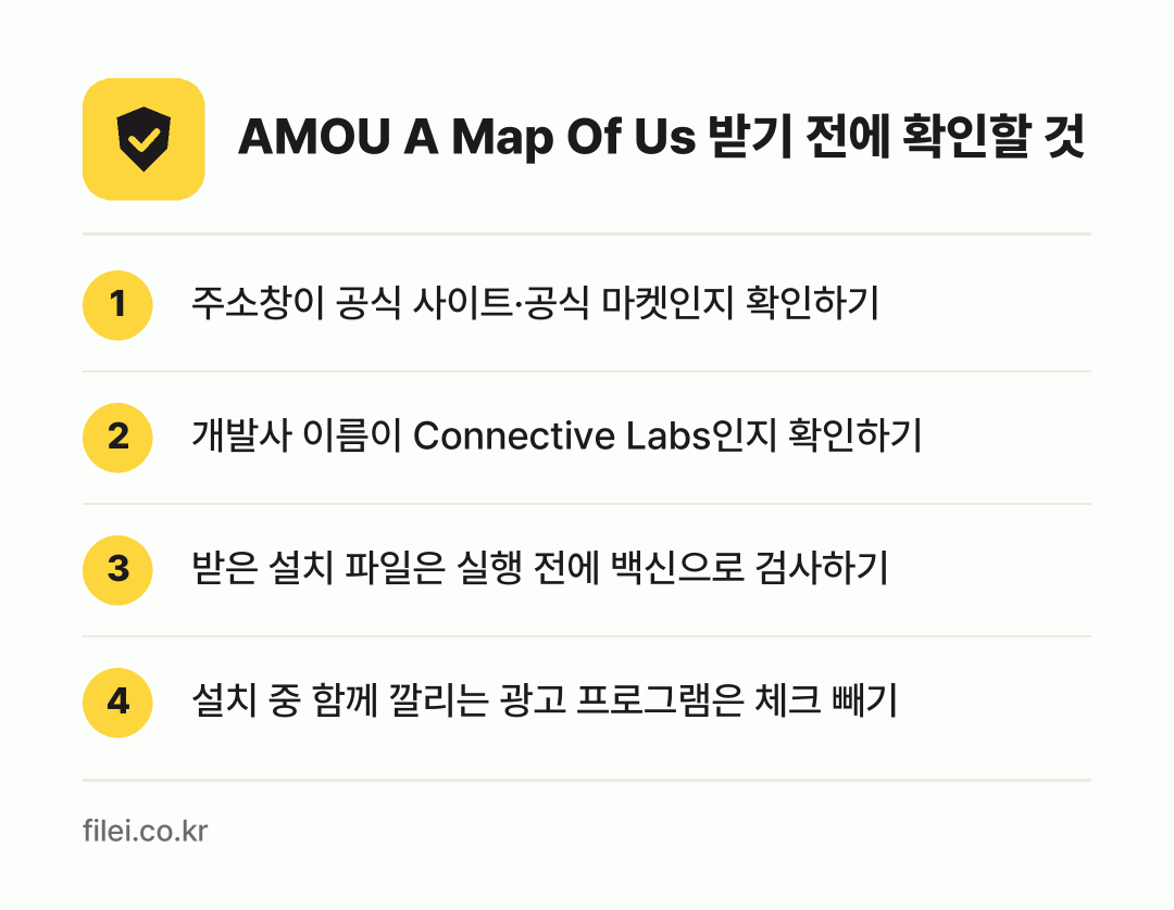 AMOU A Map Of Us 받기 전에 확인할 것: 주소창이 공식 사이트·공식 마켓인지 확인하기, 개발사 이름이 Connective Labs인지 확인하기, 받은 설치 파일은 실행 전에 백신으로 검사하기, 설치 중 함께 깔리는 광고 프로그램은 체크 빼기
