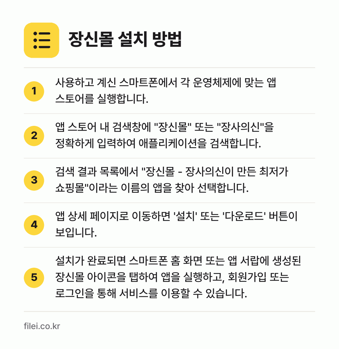 장신몰 설치 방법: 사용하고 계신 스마트폰에서 각 운영체제에… → 앱 스토어 내 검색창에 "장신몰" 또는 "… → 검색 결과 목록에서 "장신몰 - 장사의신이… → 앱 상세 페이지로 이동하면 '설치' 또는… → 설치가 완료되면 스마트폰 홈 화면 또는 앱…