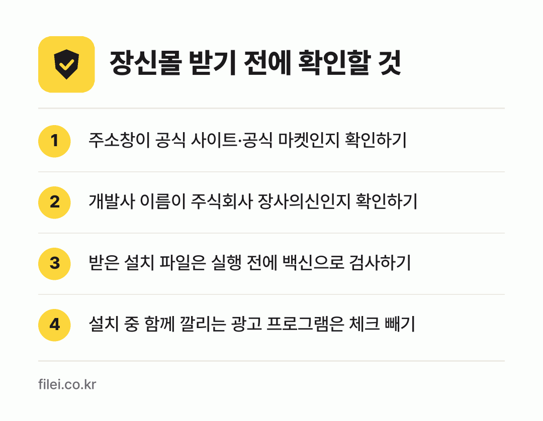 장신몰 받기 전에 확인할 것: 주소창이 공식 사이트·공식 마켓인지 확인하기, 개발사 이름이 주식회사 장사의신인지 확인하기, 받은 설치 파일은 실행 전에 백신으로 검사하기, 설치 중 함께 깔리는 광고 프로그램은 체크 빼기