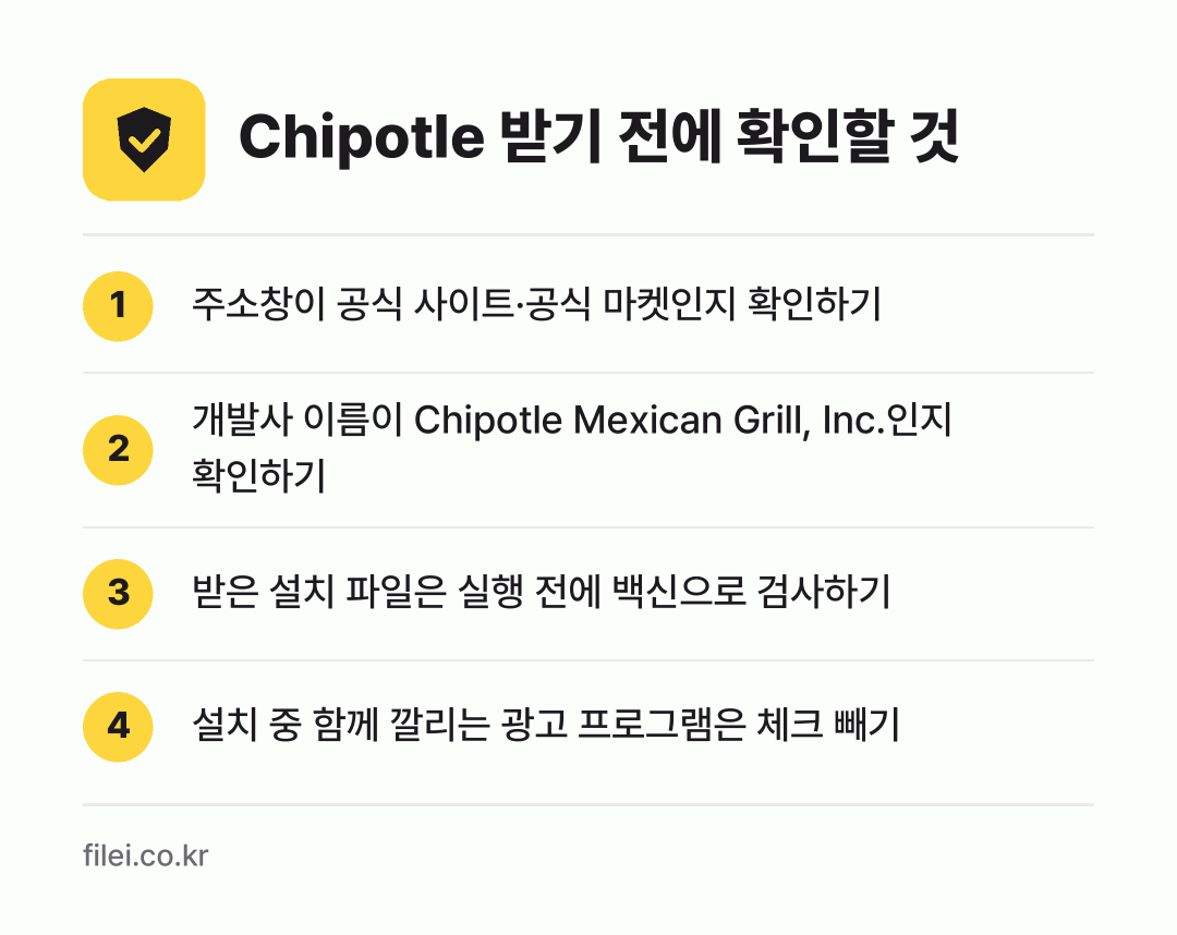 Chipotle 받기 전에 확인할 것: 주소창이 공식 사이트·공식 마켓인지 확인하기, 개발사 이름이 Chipotle Mexican Grill, Inc.인지 확인하기, 받은 설치 파일은 실행 전에 백신으로 검사하기, 설치 중 함께 깔리는 광고 프로그램은 체크 빼기