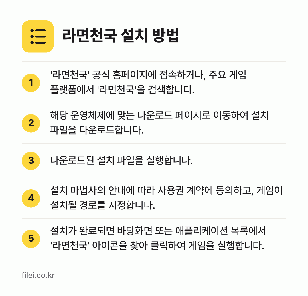 라면천국 설치 방법: '라면천국' 공식 홈페이지에 접속하거나,… → 해당 운영체제에 맞는 다운로드 페이지로 이… → 다운로드된 설치 파일을 실행합니다. → 설치 마법사의 안내에 따라 사용권 계약에… → 설치가 완료되면 바탕화면 또는 애플리케이션…