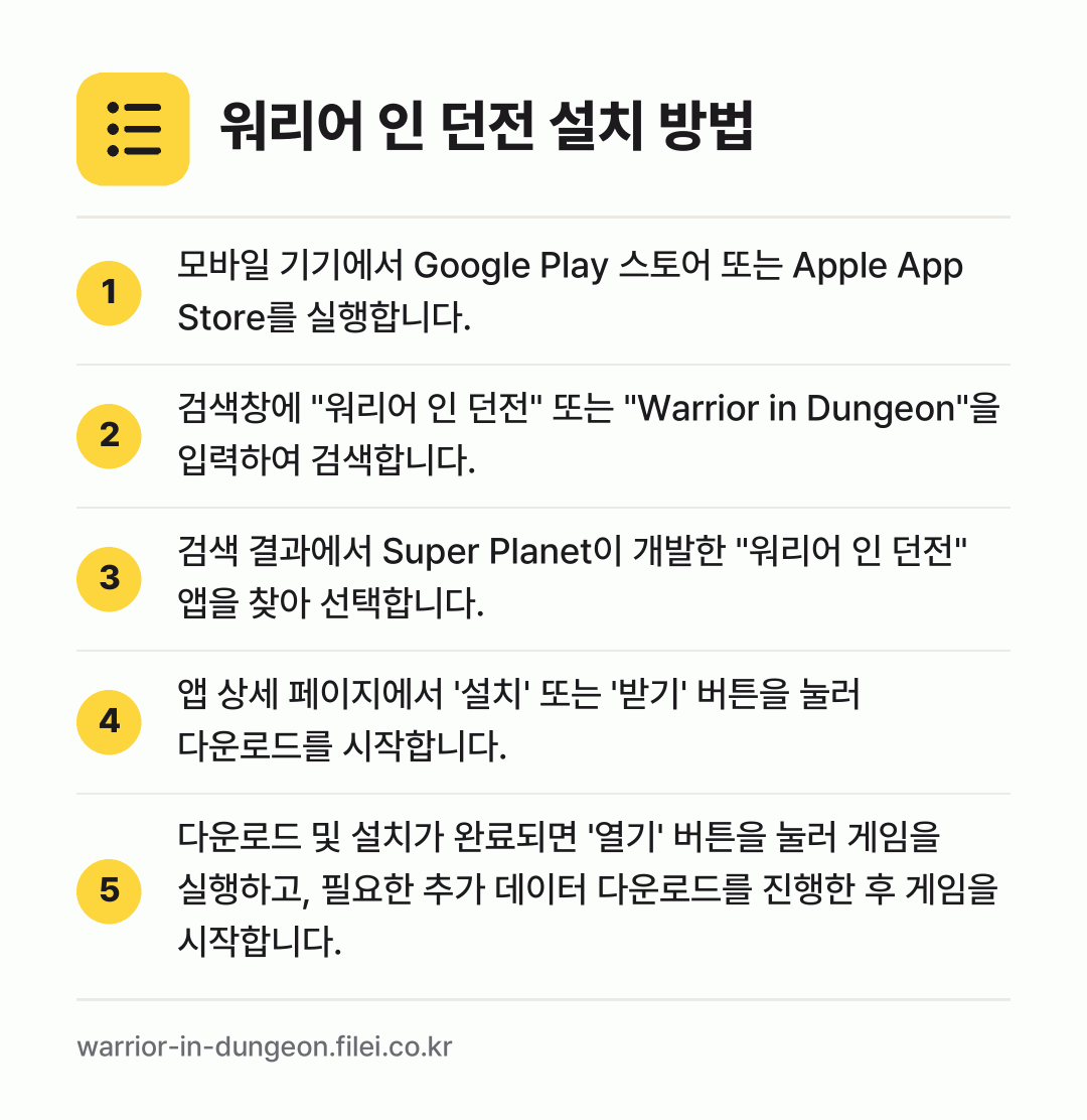 워리어 인 던전 설치 방법: 모바일 기기에서 Google Play 스토… → 검색창에 "워리어 인 던전" 또는 "War… → 검색 결과에서 Super Planet이 개… → 앱 상세 페이지에서 '설치' 또는 '받기'… → 다운로드 및 설치가 완료되면 '열기' 버튼…