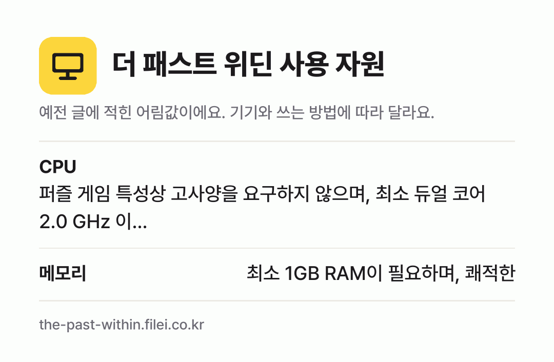 더 패스트 위딘 사용 자원 어림값: CPU 퍼즐 게임 특성상 고사양을 요구하지 않으며, 최소 듀얼 코어 2.0 GHz 이…, 메모리 최소 1GB RAM이 필요하며, 쾌적한