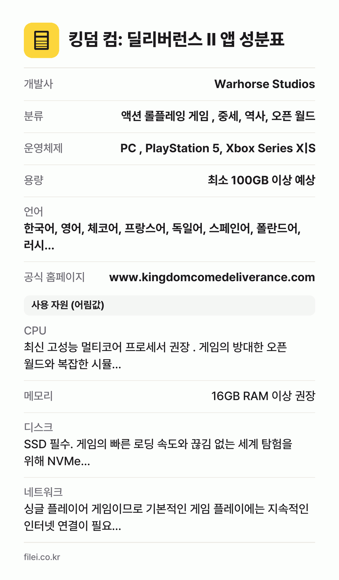 킹덤 컴: 딜리버런스 II 앱 성분표: 개발사 Warhorse Studios, 분류 액션 롤플레잉 게임 , 중세, 역사, 오픈 월드, 운영체제 PC , PlayStation 5, Xbox Series X|S, 용량 최소 100GB 이상 예상, 언어 한국어, 영어, 체코어, 프랑스어, 독일어, 스페인어, 폴란드어, 러시…
