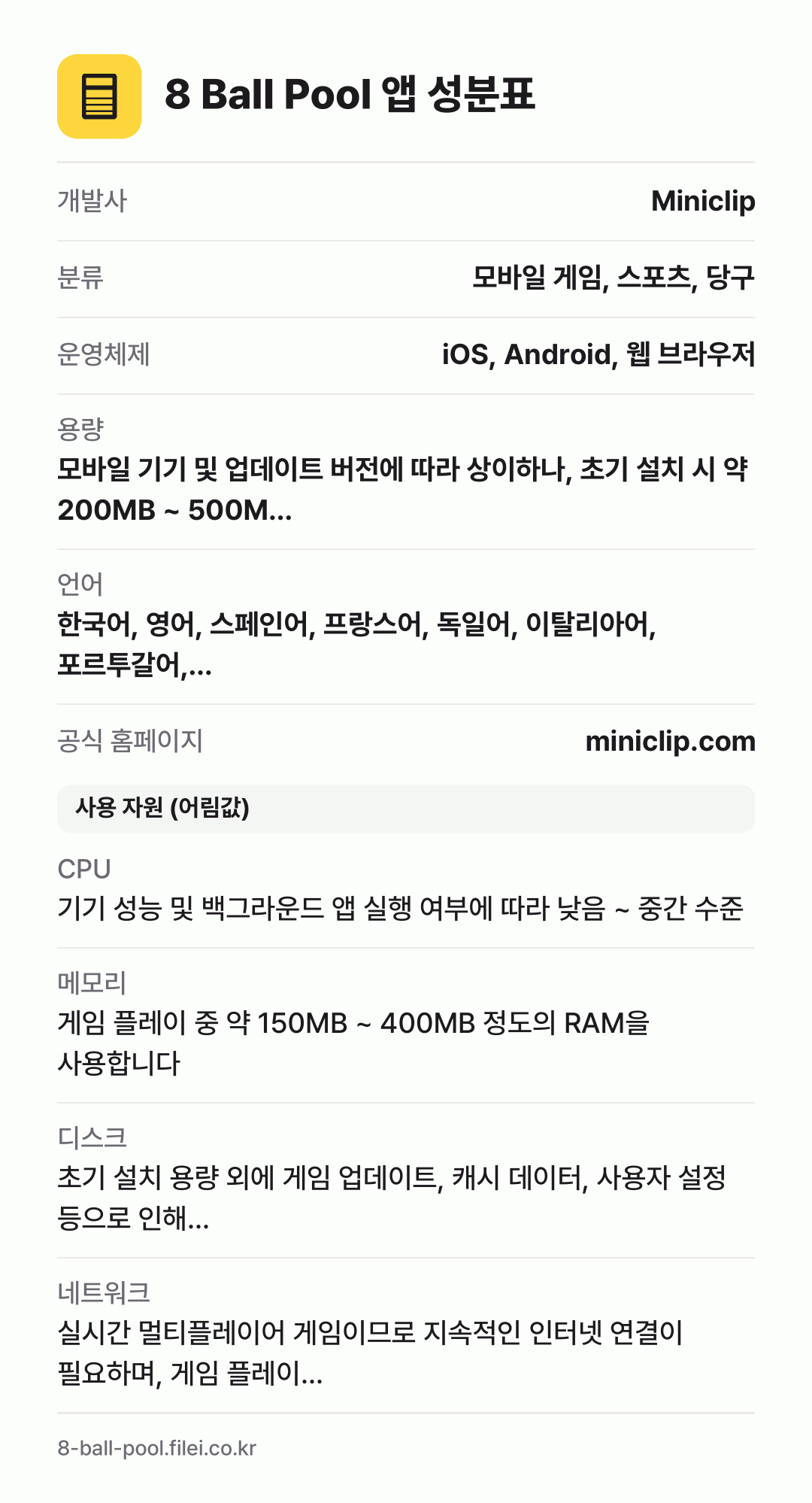 8 Ball Pool 앱 성분표: 개발사 Miniclip, 분류 모바일 게임, 스포츠, 당구, 운영체제 iOS, Android, 웹 브라우저, 용량 모바일 기기 및 업데이트 버전에 따라 상이하나, 초기 설치 시 약 200MB ~ 500M…, 언어 한국어, 영어, 스페인어, 프랑스어, 독일어, 이탈리아어, 포르투갈어,…