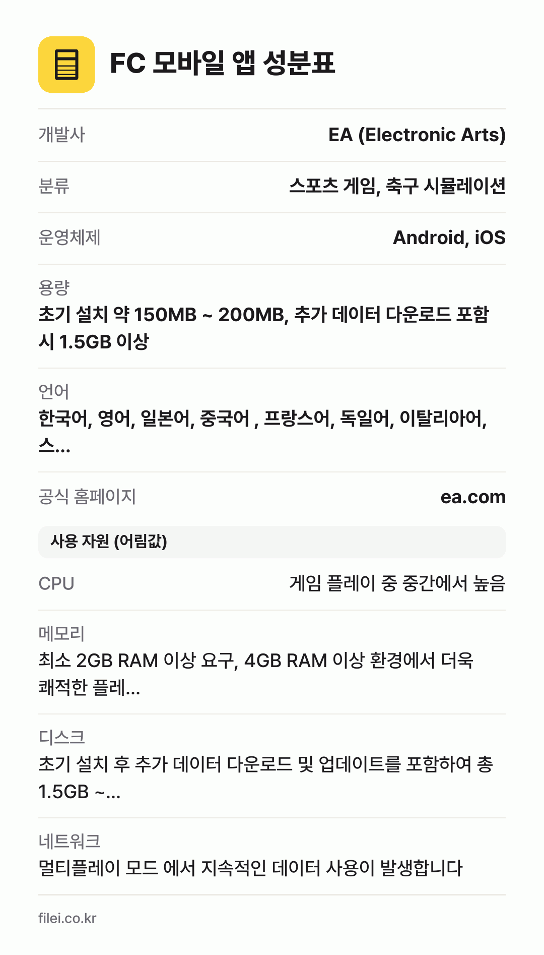 FC 모바일 앱 성분표: 개발사 EA (Electronic Arts), 분류 스포츠 게임, 축구 시뮬레이션, 운영체제 Android, iOS, 용량 초기 설치 약 150MB ~ 200MB, 추가 데이터 다운로드 포함 시 1.5GB 이상, 언어 한국어, 영어, 일본어, 중국어 , 프랑스어, 독일어, 이탈리아어, 스…