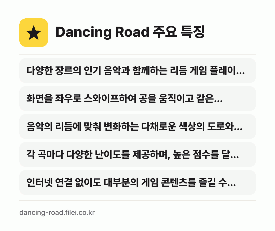 Dancing Road 주요 특징: 다양한 장르의 인기 음악과 함께하는 리듬 게임 플레이…, 화면을 좌우로 스와이프하여 공을 움직이고 같은 색상의…, 음악의 리듬에 맞춰 변화하는 다채로운 색상의 도로와…, 각 곡마다 다양한 난이도를 제공하며, 높은 점수를 달…, 인터넷 연결 없이도 대부분의 게임 콘텐츠를 즐길 수…