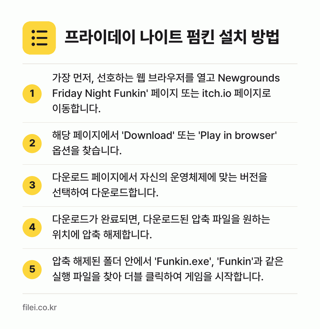 프라이데이 나이트 펌킨 설치 방법: 가장 먼저, 선호하는 웹 브라우저를 열고… → 해당 페이지에서 'Download' 또는… → 다운로드 페이지에서 자신의 운영체제에 맞는… → 다운로드가 완료되면, 다운로드된 압축 파일… → 압축 해제된 폴더 안에서 'Funkin.e…