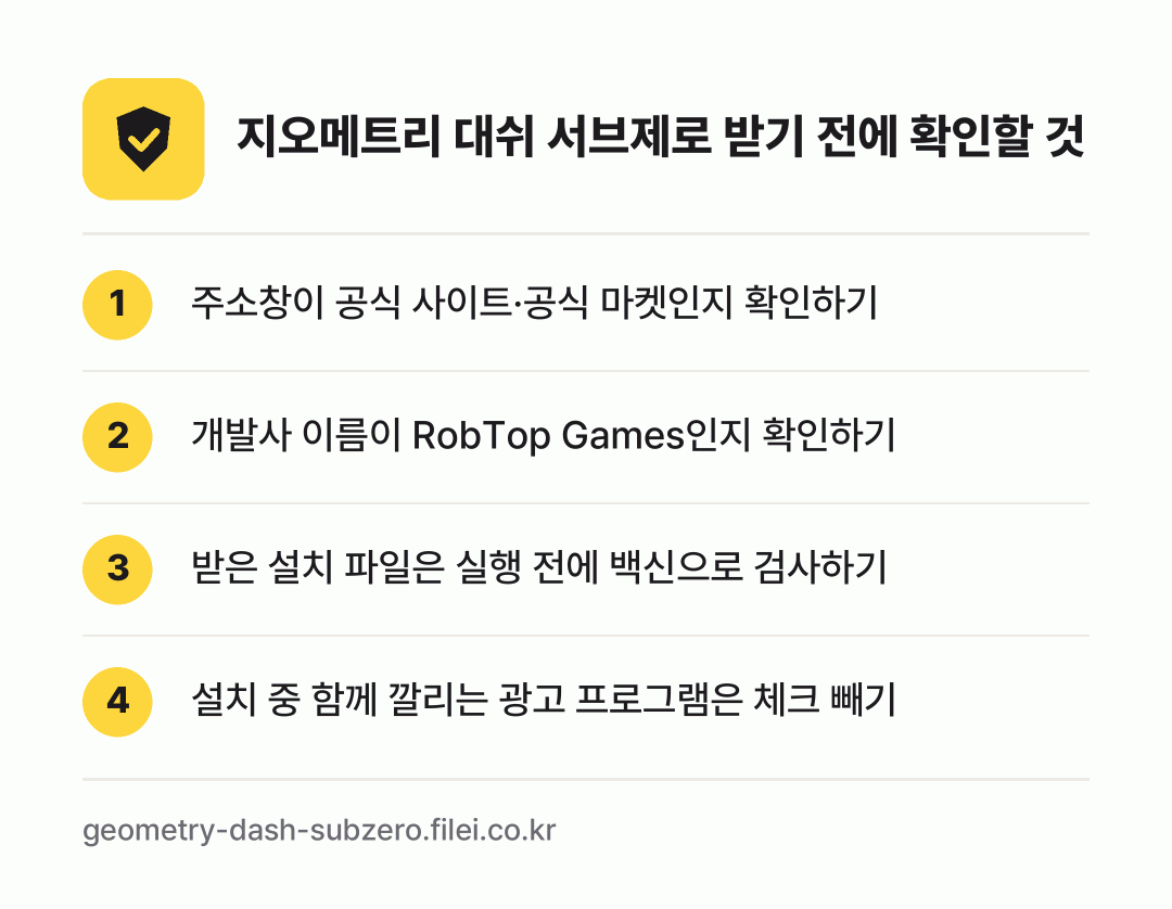 지오메트리 대쉬 서브제로 받기 전에 확인할 것: 주소창이 공식 사이트·공식 마켓인지 확인하기, 개발사 이름이 RobTop Games인지 확인하기, 받은 설치 파일은 실행 전에 백신으로 검사하기, 설치 중 함께 깔리는 광고 프로그램은 체크 빼기