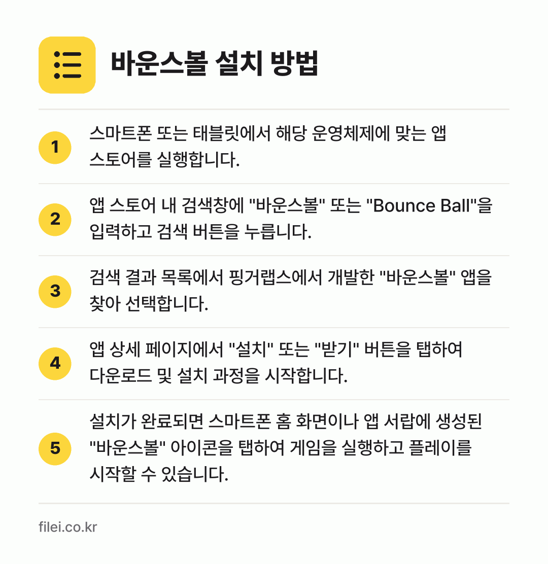 바운스볼 설치 방법: 스마트폰 또는 태블릿에서 해당 운영체제에… → 앱 스토어 내 검색창에 "바운스볼" 또는… → 검색 결과 목록에서 핑거랩스에서 개발한 "… → 앱 상세 페이지에서 "설치" 또는 "받기"… → 설치가 완료되면 스마트폰 홈 화면이나 앱…