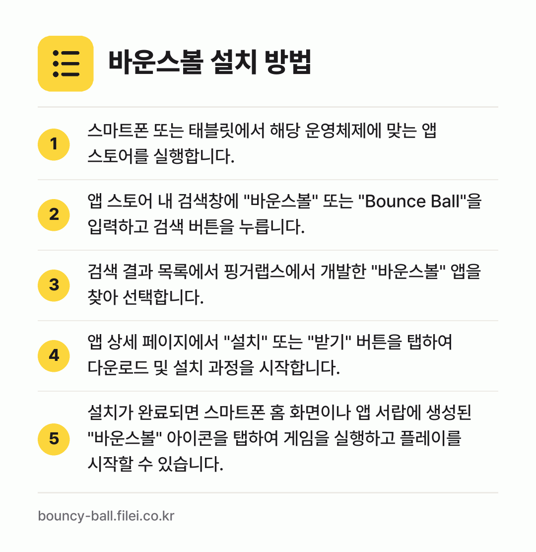 바운스볼 설치 방법: 스마트폰 또는 태블릿에서 해당 운영체제에… → 앱 스토어 내 검색창에 "바운스볼" 또는… → 검색 결과 목록에서 핑거랩스에서 개발한 "… → 앱 상세 페이지에서 "설치" 또는 "받기"… → 설치가 완료되면 스마트폰 홈 화면이나 앱…