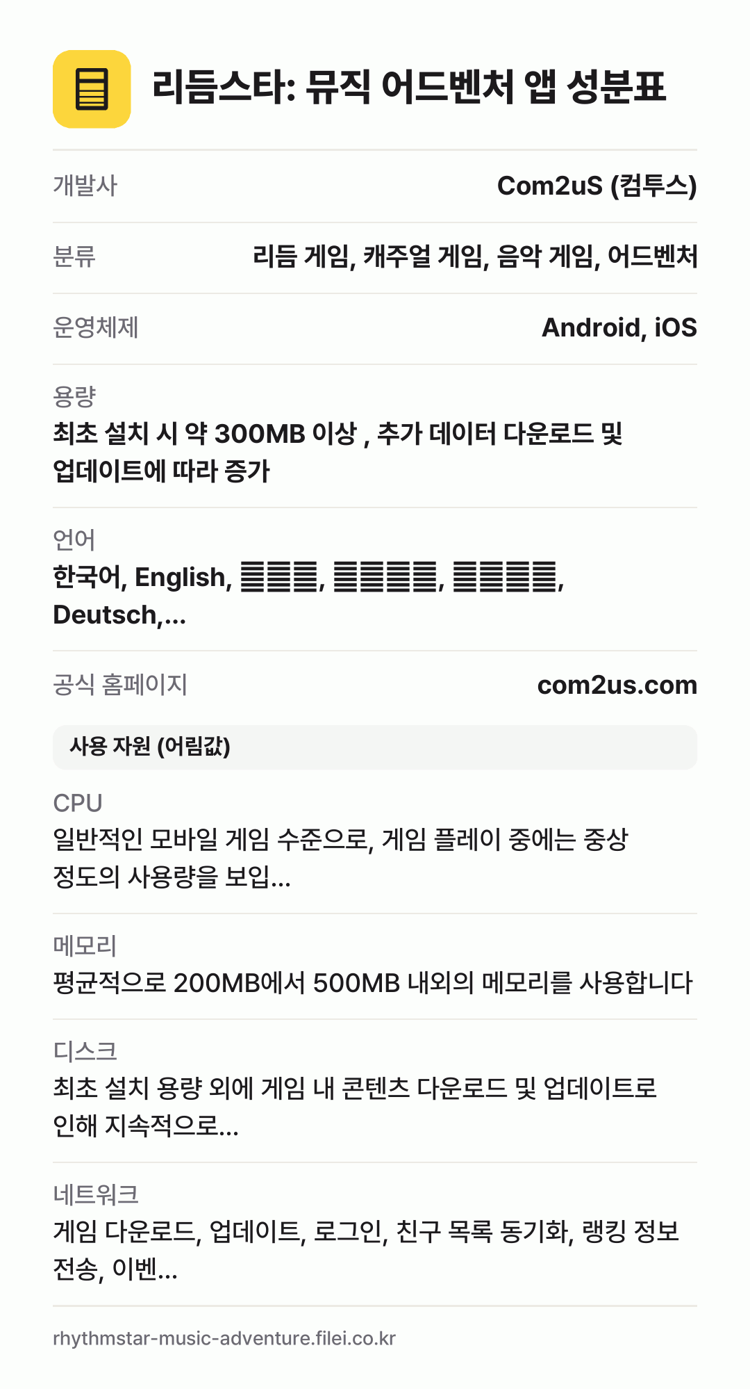 리듬스타: 뮤직 어드벤처 앱 성분표: 개발사 Com2uS (컴투스), 분류 리듬 게임, 캐주얼 게임, 음악 게임, 어드벤처, 운영체제 Android, iOS, 용량 최초 설치 시 약 300MB 이상 , 추가 데이터 다운로드 및 업데이트에 따라 증가, 언어 한국어, English, 日本語, 简体中文, 繁體中文, Deutsch,…