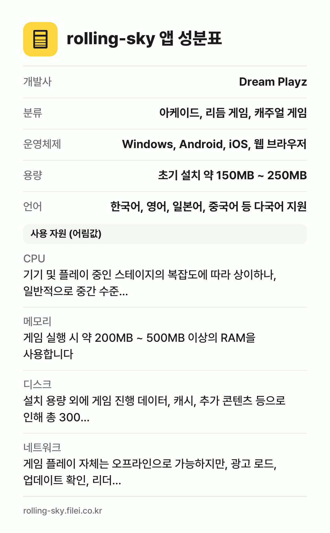 rolling-sky 앱 성분표: 개발사 Dream Playz, 분류 아케이드, 리듬 게임, 캐주얼 게임, 운영체제 Windows, Android, iOS, 웹 브라우저, 용량 초기 설치 약 150MB ~ 250MB, 언어 한국어, 영어, 일본어, 중국어 등 다국어 지원