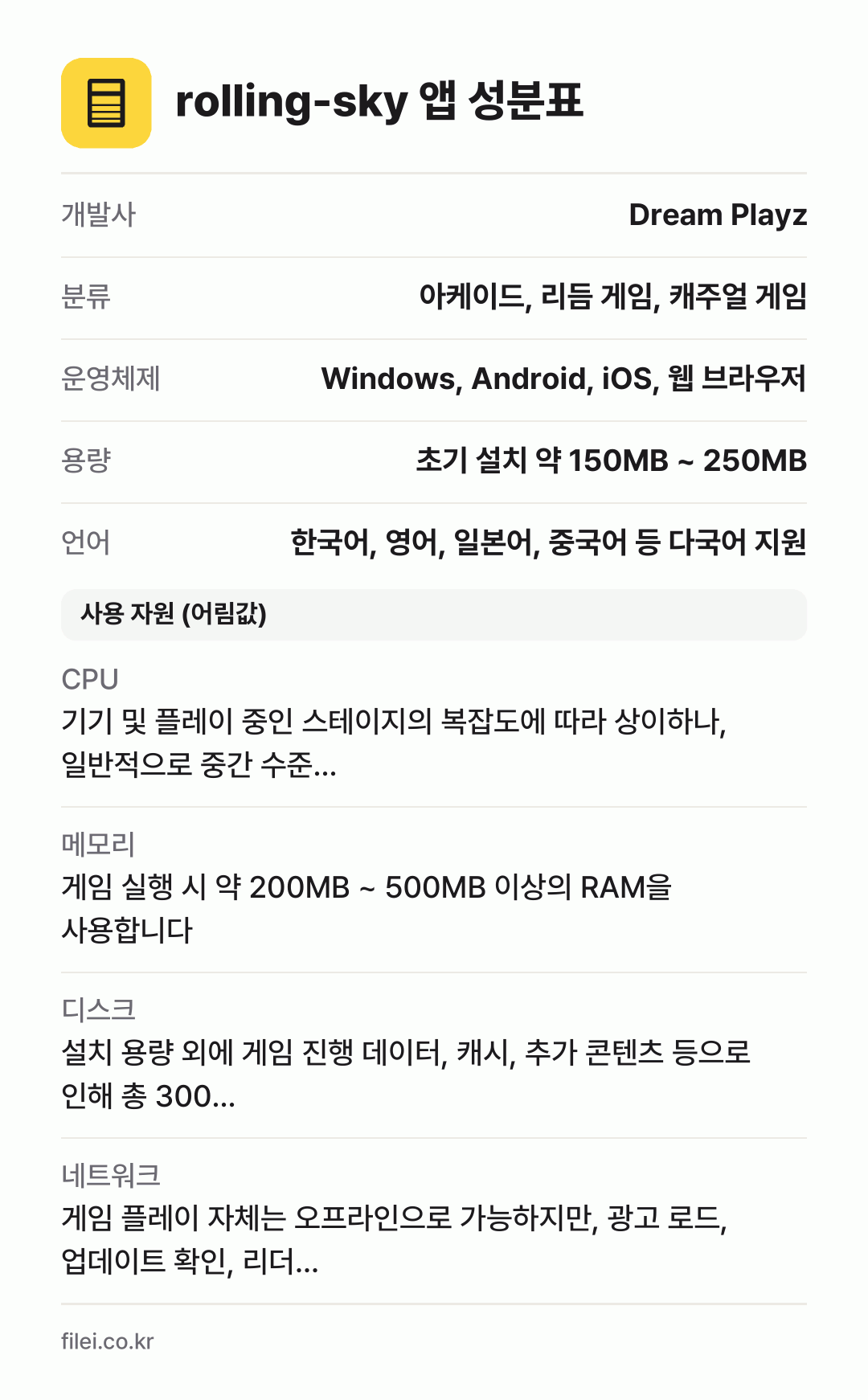 rolling-sky 앱 성분표: 개발사 Dream Playz, 분류 아케이드, 리듬 게임, 캐주얼 게임, 운영체제 Windows, Android, iOS, 웹 브라우저, 용량 초기 설치 약 150MB ~ 250MB, 언어 한국어, 영어, 일본어, 중국어 등 다국어 지원