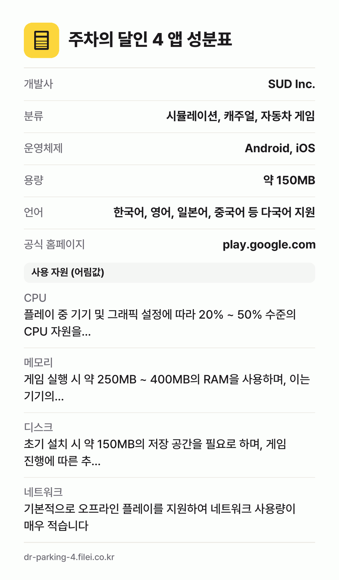주차의 달인 4 앱 성분표: 개발사 SUD Inc., 분류 시뮬레이션, 캐주얼, 자동차 게임, 운영체제 Android, iOS, 용량 약 150MB, 언어 한국어, 영어, 일본어, 중국어 등 다국어 지원