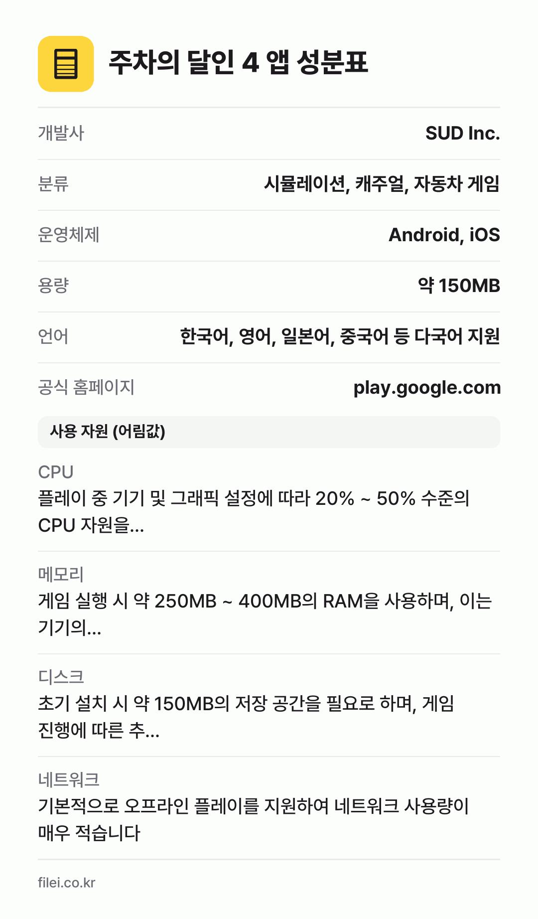 주차의 달인 4 앱 성분표: 개발사 SUD Inc., 분류 시뮬레이션, 캐주얼, 자동차 게임, 운영체제 Android, iOS, 용량 약 150MB, 언어 한국어, 영어, 일본어, 중국어 등 다국어 지원