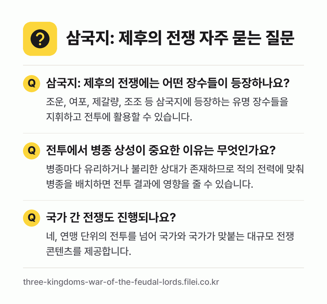 삼국지: 제후의 전쟁 자주 묻는 질문: 삼국지: 제후의 전쟁에는 어떤 장수들이 등장하나요? / 전투에서 병종 상성이 중요한 이유는 무엇인가요? / 국가 간 전쟁도 진행되나요?