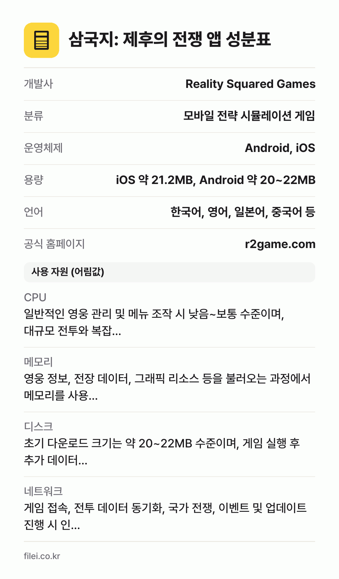 삼국지: 제후의 전쟁 앱 성분표: 개발사 Reality Squared Games, 분류 모바일 전략 시뮬레이션 게임, 운영체제 Android, iOS, 용량 iOS 약 21.2MB, Android 약 20~22MB, 언어 한국어, 영어, 일본어, 중국어 등