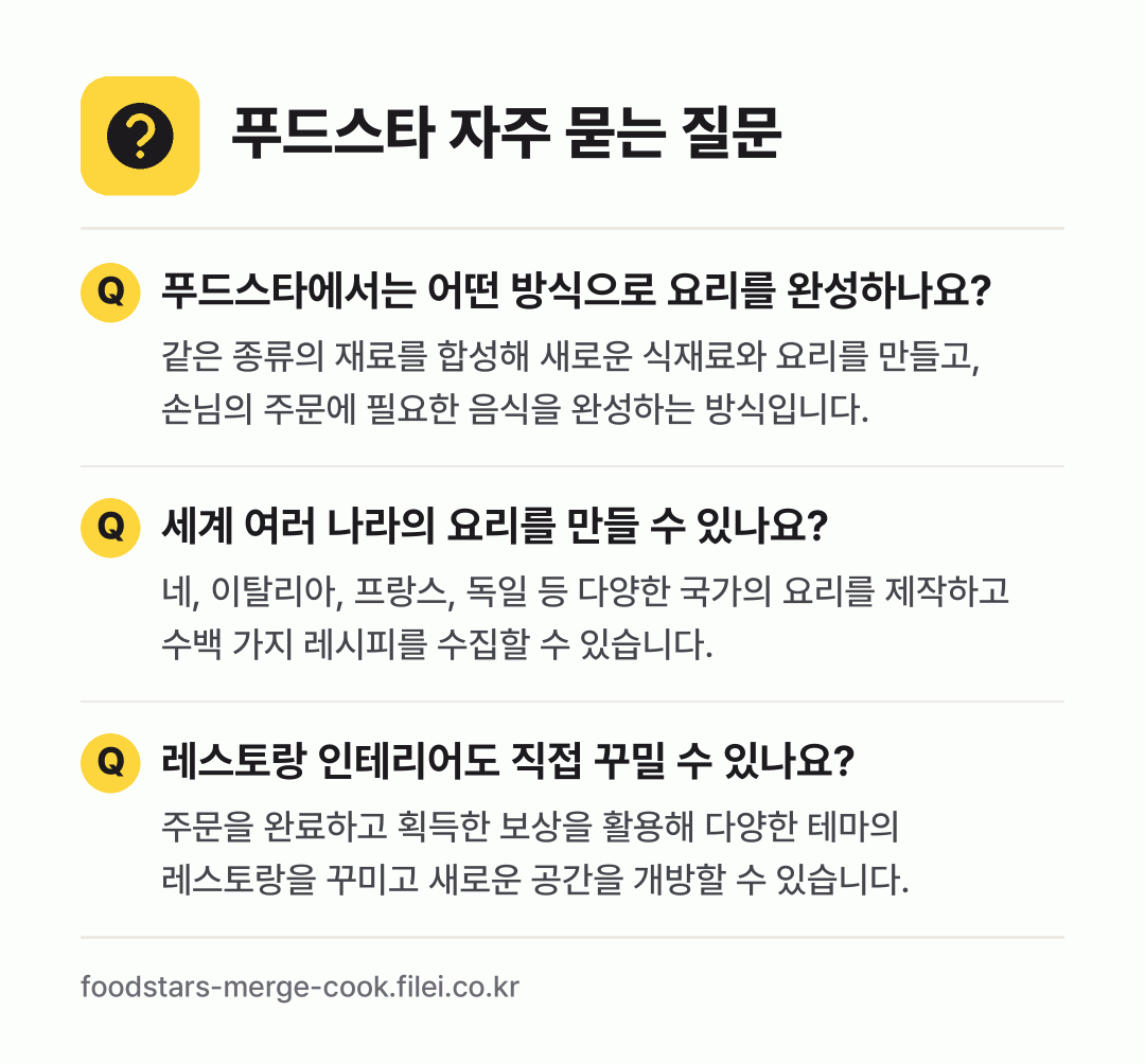 푸드스타 자주 묻는 질문: 푸드스타에서는 어떤 방식으로 요리를 완성하나요? / 세계 여러 나라의 요리를 만들 수 있나요? / 레스토랑 인테리어도 직접 꾸밀 수 있나요?