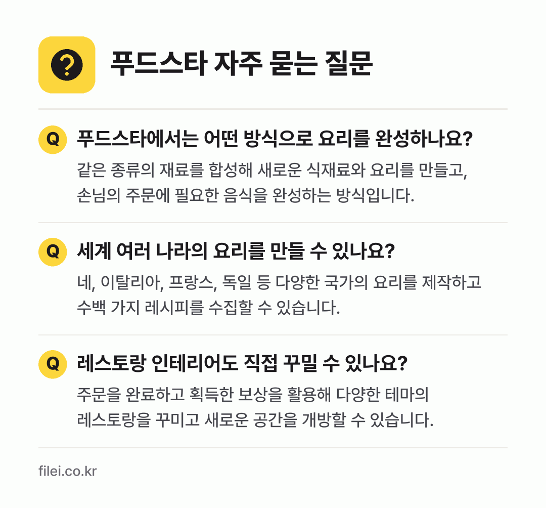 푸드스타 자주 묻는 질문: 푸드스타에서는 어떤 방식으로 요리를 완성하나요? / 세계 여러 나라의 요리를 만들 수 있나요? / 레스토랑 인테리어도 직접 꾸밀 수 있나요?