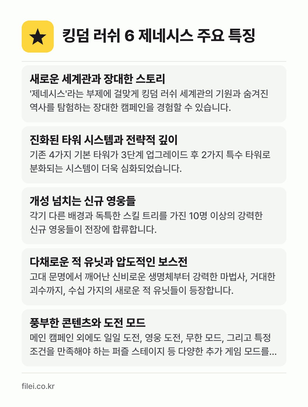 킹덤 러쉬 6 제네시스 주요 특징: 새로운 세계관과 장대한 스토리, 진화된 타워 시스템과 전략적 깊이, 개성 넘치는 신규 영웅들, 다채로운 적 유닛과 압도적인 보스전, 풍부한 콘텐츠와 도전 모드