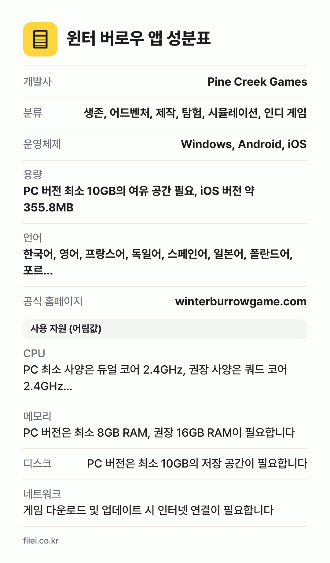 윈터 버로우 앱 성분표: 개발사 Pine Creek Games, 분류 생존, 어드벤처, 제작, 탐험, 시뮬레이션, 인디 게임, 운영체제 Windows, Android, iOS, 용량 PC 버전 최소 10GB의 여유 공간 필요, iOS 버전 약 355.8MB, 언어 한국어, 영어, 프랑스어, 독일어, 스페인어, 일본어, 폴란드어, 포르…